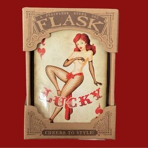 NIB Stainless Steel Hip Flask - Retro Style Burlesque Pin-Up Lucky